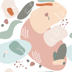 Seamless repeat pattern with leaves and abstract forms of natural color