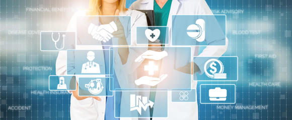 Health Insurance Concept - Doctor in hospital with health insurance related icon graphic interface...