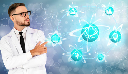 Medical Healthcare Research and Development Concept. Doctor in hospital lab with science health research icon show symbol of medical care technology innovation, medicine discovery and healthcare data.