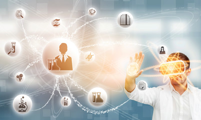 Medical Healthcare Research and Development Concept. Doctor in hospital lab with science health research icon show symbol of medical care technology innovation, medicine discovery and healthcare data.