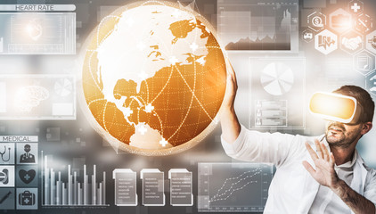 Medical Healthcare Research and Development Concept. Doctor in hospital lab with science health research icon show symbol of medical care technology innovation, medicine discovery and healthcare data.