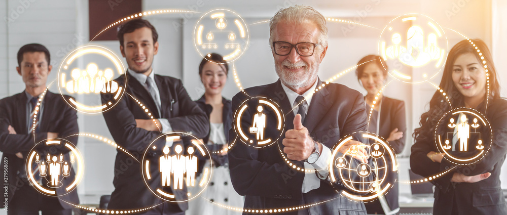 Poster human resources recruitment and people networking concept. modern graphic interface showing professi