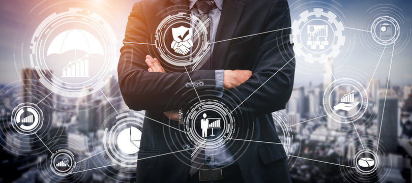 Risk Management And Assessment For Business Investment Concept. Modern Graphic Interface Showing Symbols Of Strategy In Risky Plan Analysis To Control Unpredictable Loss And Build Financial Safety.