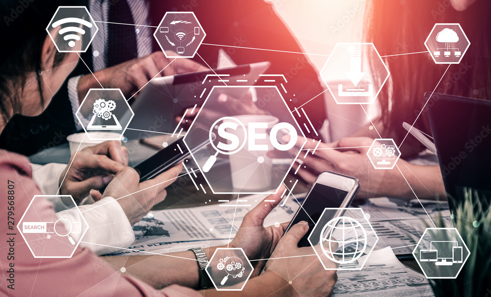 Poster seo - search engine optimization for online marketing concept. modern graphic interface showing symb
