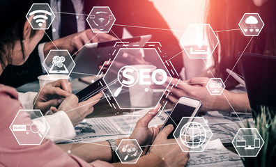 SEO - Search Engine Optimization for Online Marketing Concept. Modern graphic interface showing...