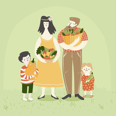 Happy family shopping eco consciously. Dad, mom, son and daughter are holding fresh vegetables from a local farm. Vector illustration of a healthy lifestyle concept.