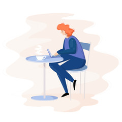 Modern vector flat style illustration of a woman sitting at a desk and working online on a laptop with a cup of coffee. Freelance worker illustration concept.