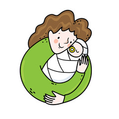 Vector illustration of a young mother hugging a newborn child. Joy of the motherhood concept ina circle composition.