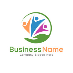 Obraz premium People Care Logo Template. Children with hand design vector. Circle graphic. This logo is suitable for familiy, charity, human, organization, business, helping someone.