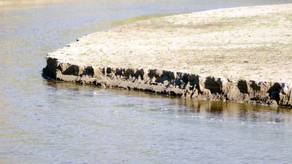 The flow of the river water destroys the semicircle of the sandy shore with grass.