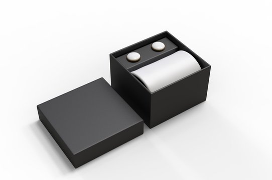 Gift set for men silk tie and cuff links set for branding. 3d illustration.