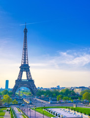 Fototapeta na wymiar A view of the Eiffel Tower from the Jardins du Trocadero in Paris, France.