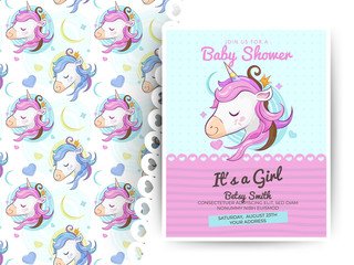 Greeting card cute unicorn with pattern