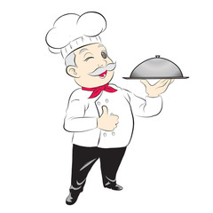 old cute chef show thumb finger and hold a serving tray. vector illustration isolated cartoon hand drawn background.