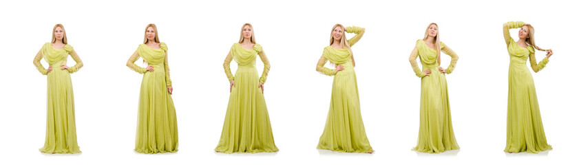 Young woman in elegant long green dress isolated on white
