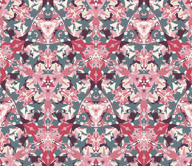 Kaleidoscope seamless pattern, background. Composed of colored abstract shapes. Useful as design element for texture and artistic compositions.