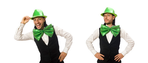 Man with big green bow tie in funny concept