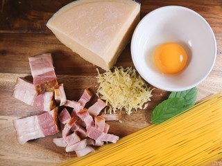 Carbonara spaghetti ingredients pancetta, eggs, parmesan cheese.