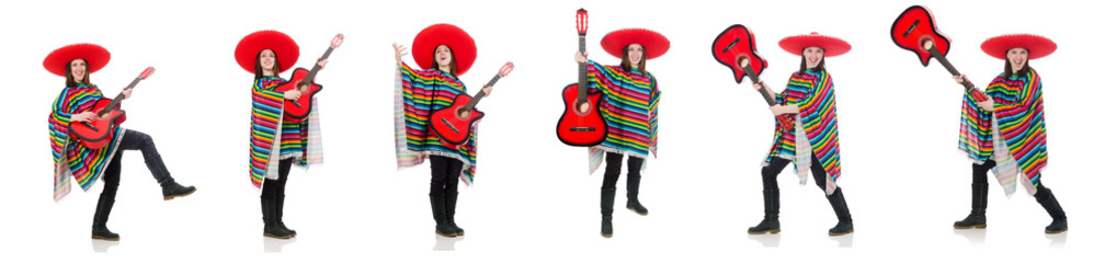 Pretty mexican girl in vivid pocho isolated on white