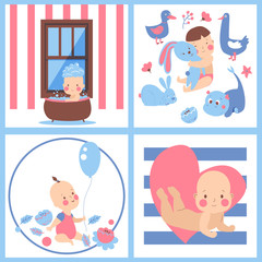 Baby shower vector. Baby boy, girl invite design. Cute birth party background. Happy greeting poster with cartoon newborn kid with pink heart, toys, baloon and taking bath.