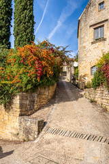 Pretty street in the medieval village of Beynac-et-Cazenac in the historic Perigord region of France