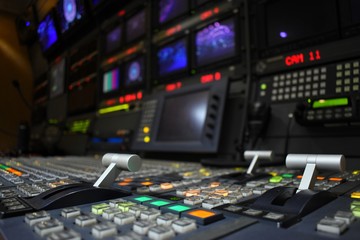 Broadcast equipment in outside broadcasting van.