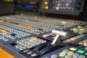 Broadcast equipment in outside broadcasting van.