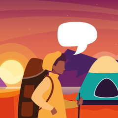 man camp tent landscape talk bubble