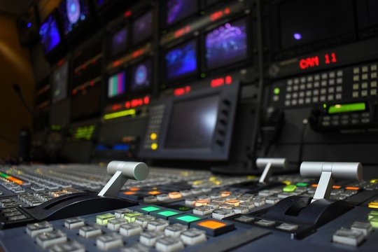 Broadcast equipment in outside broadcasting van.