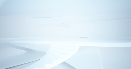 Abstract architectural white smooth interior of a minimalist house with large windows.. 3D illustration and rendering.