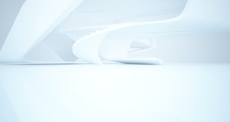 Abstract architectural white smooth interior of a minimalist house with large windows.. 3D illustration and rendering.