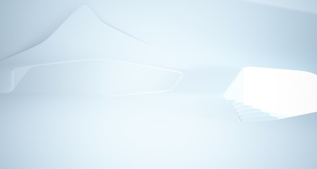 Abstract architectural white smooth interior of a minimalist house with large windows.. 3D illustration and rendering.