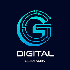 The G letter 3 dimensions or 3D with dot and technology symbol on dark blue background in the style of modern. This logo is suitable for industrial, mechanical, connection, business and automotive.