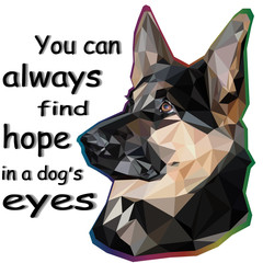 portrait of German shepherd in low poly style isolated on white background and lettering : you can always find hope in the dog's eyes