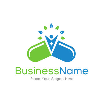 Capsule pharmacy medical logo template vector. Logo with human, nature or leaf with blue and green color. This logo is suitable for health business, doctor, hospital, cross symbol.