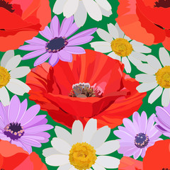 beautiful bright floral seamless pattern of large red poppies, delicate white , and lilac daisies on green background