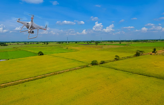 Drone copter flying with digital camera.Drone with high resolution digital camera. Flying camera take a photo and video.The drone with professional camera takes pictures of the paddy field.
