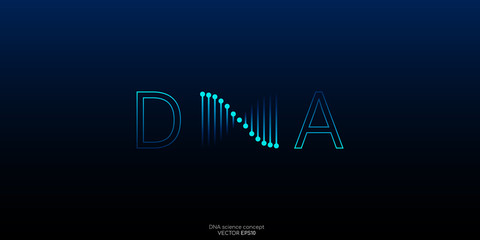 Naklejka premium DNA logo or symbol. Abstract dna molecule helix spiral blue green isolated on black background. Vector illustration in concept medical science, genetic biotechnology, chemistry biology, gene.