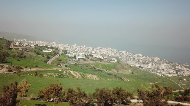 Tiberias City and the sea of galilee aerial view Israel Drone shot of tiberias city and the sea of galilee