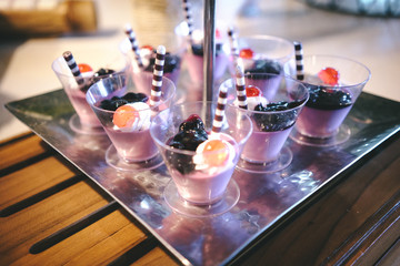 Italian dessert - blueberry panna cotta decorated with cream, jelly, blueberry