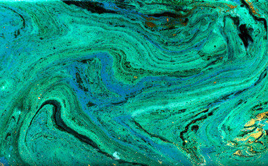 Blue, green and gold marbling pattern. Golden powder marble liquid texture.