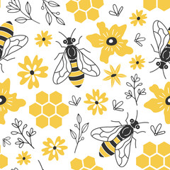 Stoffe zum Nähen Seamless pattern with bees and flowers.