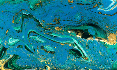 Blue, green and gold marbling pattern. Golden powder marble liquid texture.