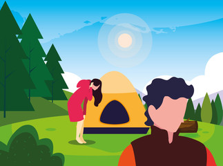 man and woman hiking camp tent forest
