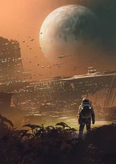 Tuinposter astronaut kijken naar futuristische stad op de planeet, digitale kunststijl, illustratie schilderij © grandfailure