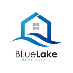 Modern minimalist blue lake house logo design.