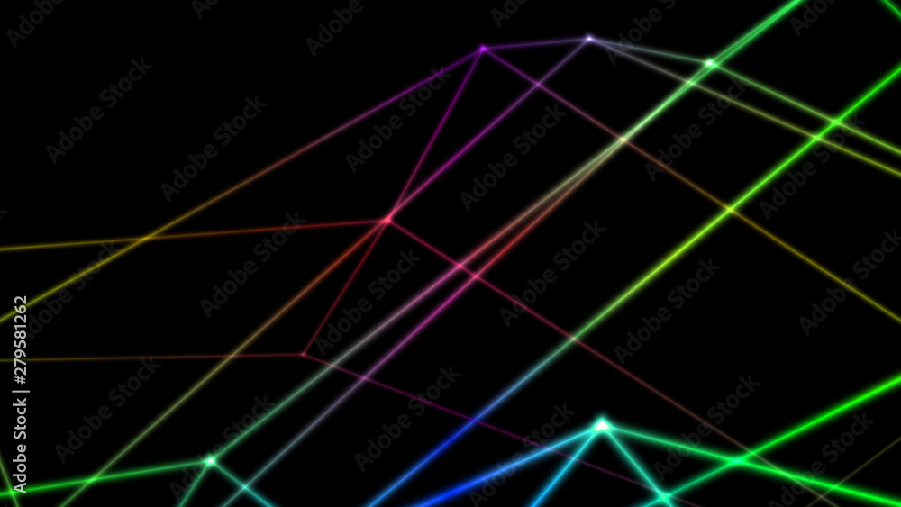 Poster computer abstraction, color lines broken at nodes on a dark background, 3d model