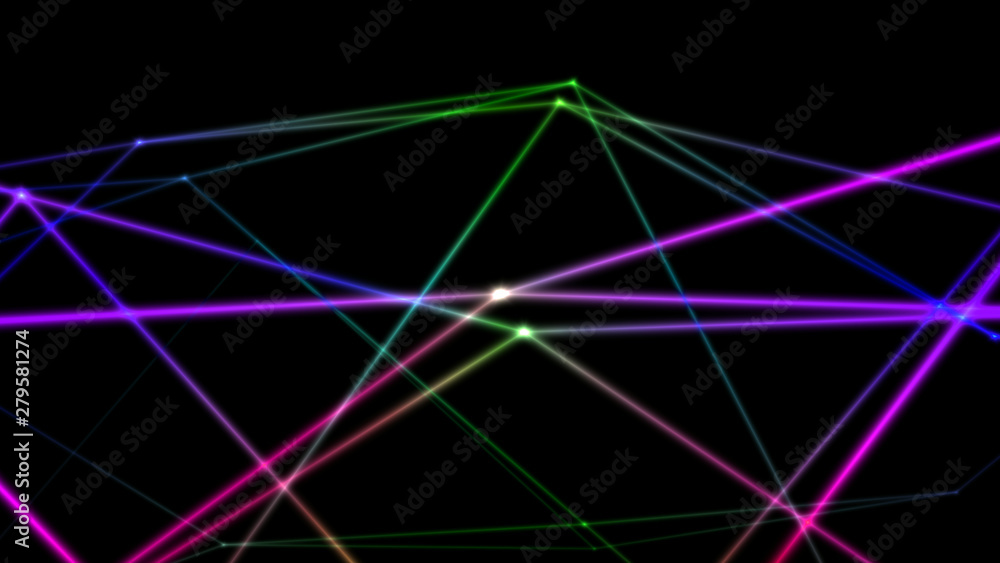 Poster computer abstraction, color lines broken at nodes on a dark background, 3d model