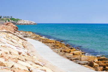 Beautiful coastal line and beaches of Salou, Catalunya, Spain. Vacation background. Travel concept.