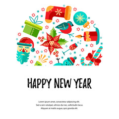 Merry Christmas and Happy New Year card vector illustration. Place for text. Great for New Year party invitation, christmas fair, flyer, banner, poster. Flat and line style design. Circle consept.